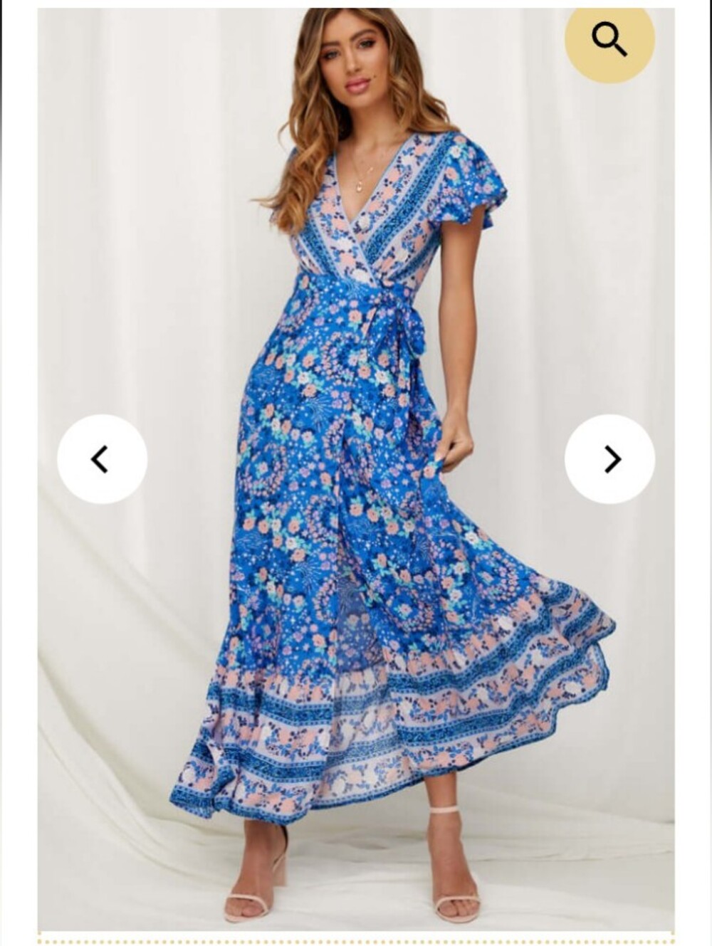 Boho Blue Floral Wrap Maxi Beach Dress with Self-Tie Waist